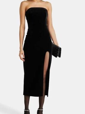 NICHOLAS Black Strapless Midi Dress with High Thigh Slit